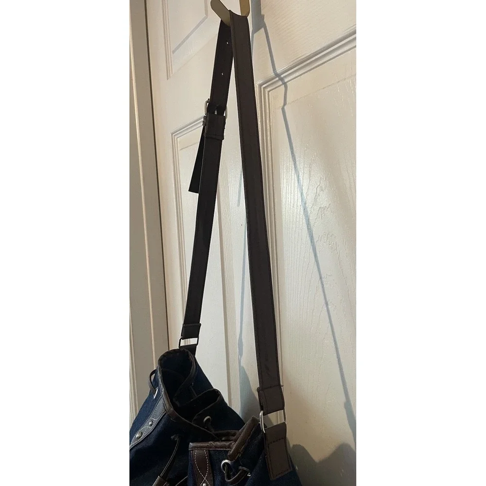 Gold‎ Coast Denim Bucket Bag Faux Leather Trim Studded Hobo Shoulder Crossbody